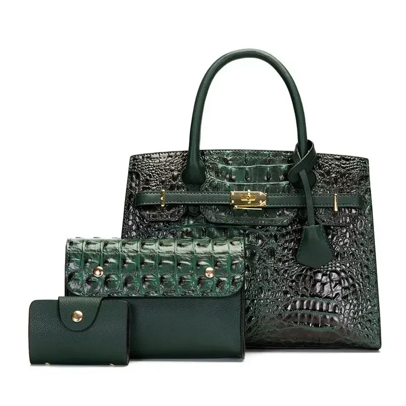 Three-piece mother and child bag, fashionable crocodile pattern shoulder portable messenger bag.