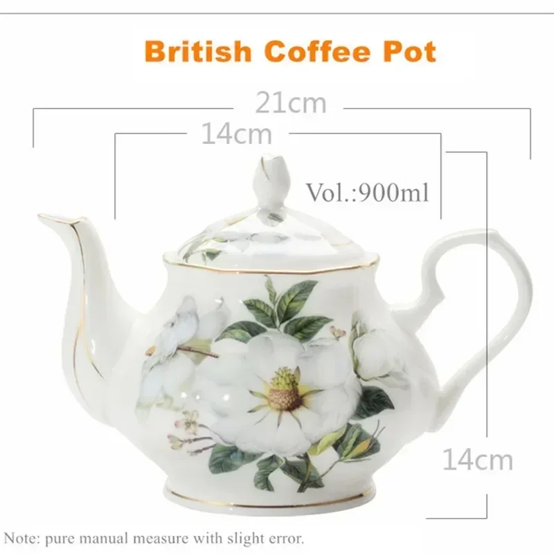 Bone China Ceramic Coffee Pot, Big Volume, British Teapot, Water Kettle, Afternoon Flower Pot, Drinkware, Pitcher Jug, 900ml