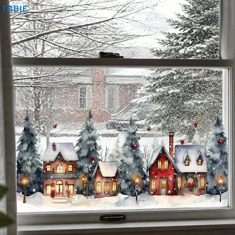 [TL]Winter Village Window Stickers Snow House Pine Tree Christmas Glass Decor