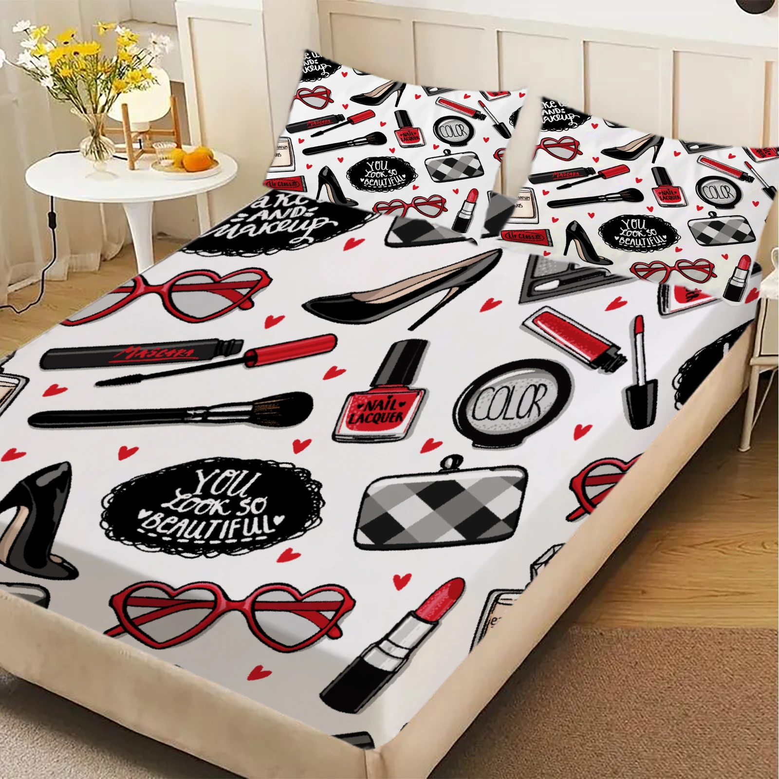 3pcs White Fitted Sheet Sets Room Decor For Girls Makeup Tools Hearts Glasses Shoes Pattern Printed  Flat Sheet With Pillowcases