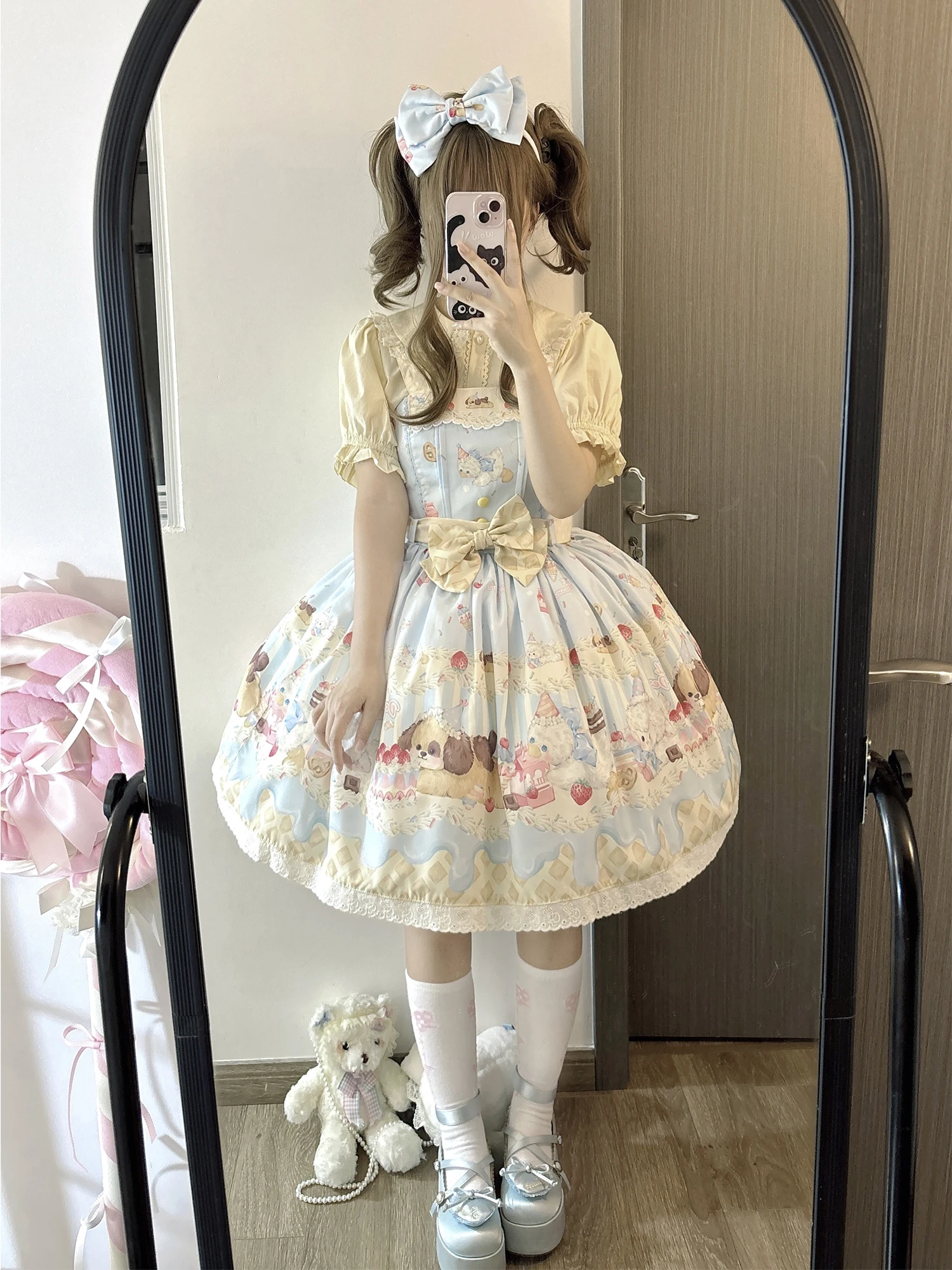 اليابانية الحلو لطيف الكرتون طباعة لوليتا JSK فساتين مطرزة الدانتيل عالية الخصر القوس حزام سليم قصير Kawaii فستان المرأة الصيف #5