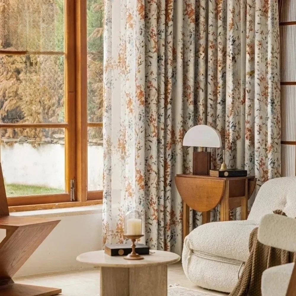 American Retro Curtains for Living Dining Room Bedroom Country Rustic Style Cotton and Linen Printing Flowers