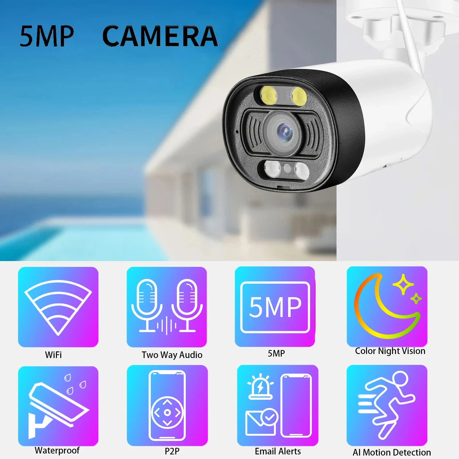 Gadinan 5MP Wireless CCTV Sorveglianza WiFi Telecamera bullet Rilevazione movimento esterno Telecamera di protezione di sicurezza con scheda SD 128G