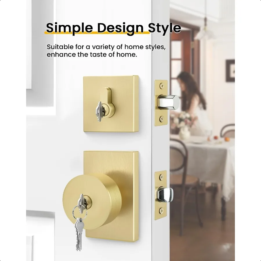 مقبض الباب الخارجي الذهبي مع مجموعة قفل الباب الخارجي الذهبي المصقول المعاصر مع ديدبولت النحاس الثقيل Fr