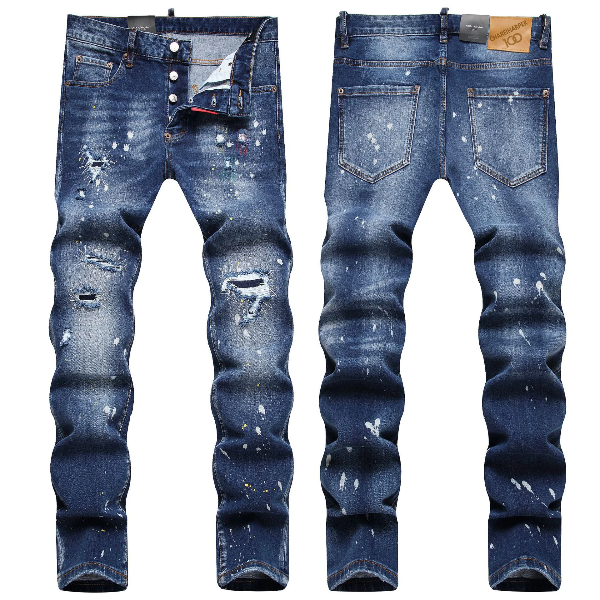 

chareiharper 100 1056 plus size Men's jeans ripped fashion trend paint slim slim feet mid-waist pants