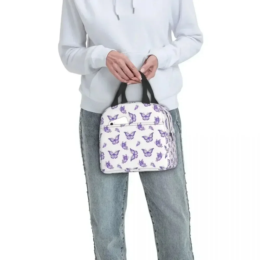 The Purple Butterfly Print Insulated Lunch Bags Resuable Picnic Bags Thermal Cooler Lunch Box Lunch Tote for Woman Work Children