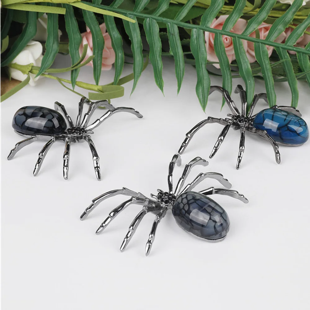 1Pc Creative Alloy Natural Polished Crystal Agate Spider Shaped Craft Interesting Mineral Bionic Animal Collections Decoration