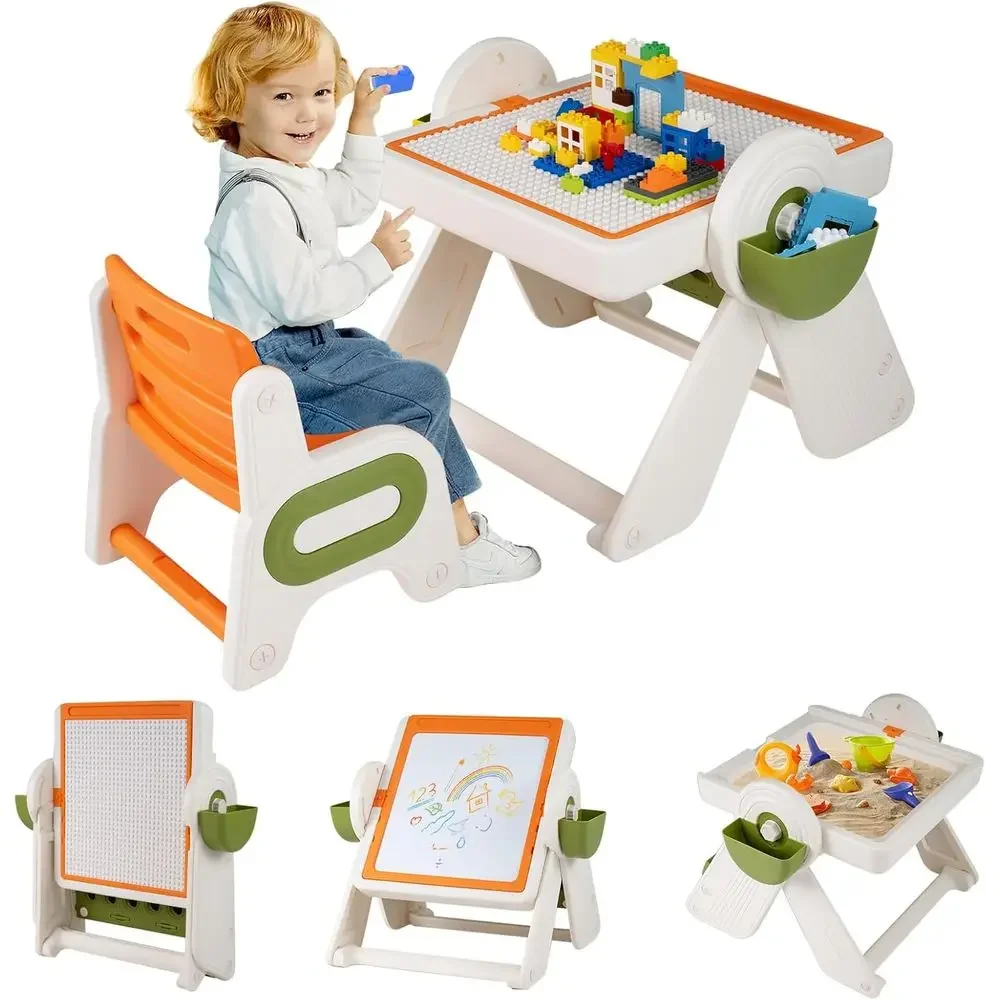 Height-Adjustable Art Easel with Reversible Tabletop, Storage, and Play Table for Kids 18+ Months (Orange)