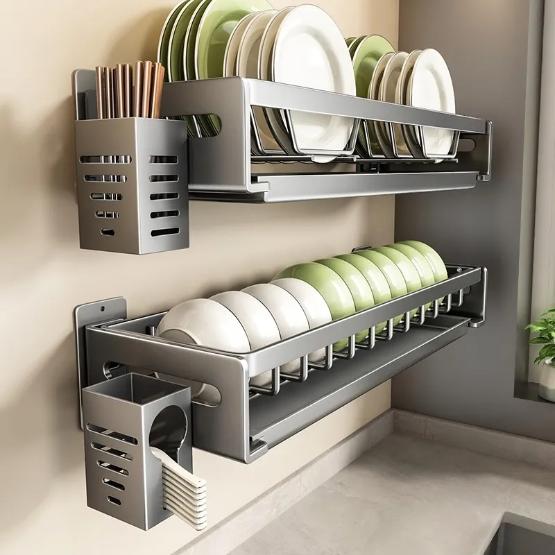 

Kitchen Dish Rack Gun Gray Draining Rack Punch-Free Wall-Mounted Dish Storage Rack