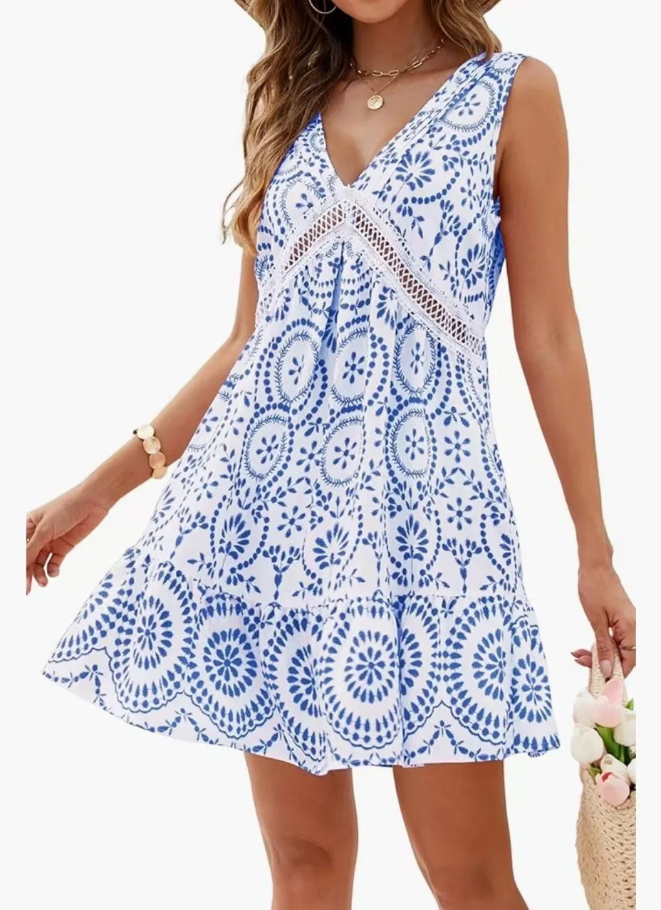 

Fashion Printed Backless Lace Sleeveless Suspender Dress Women 2025 Summer Elegant Boho Hollow Mini Dress For Women