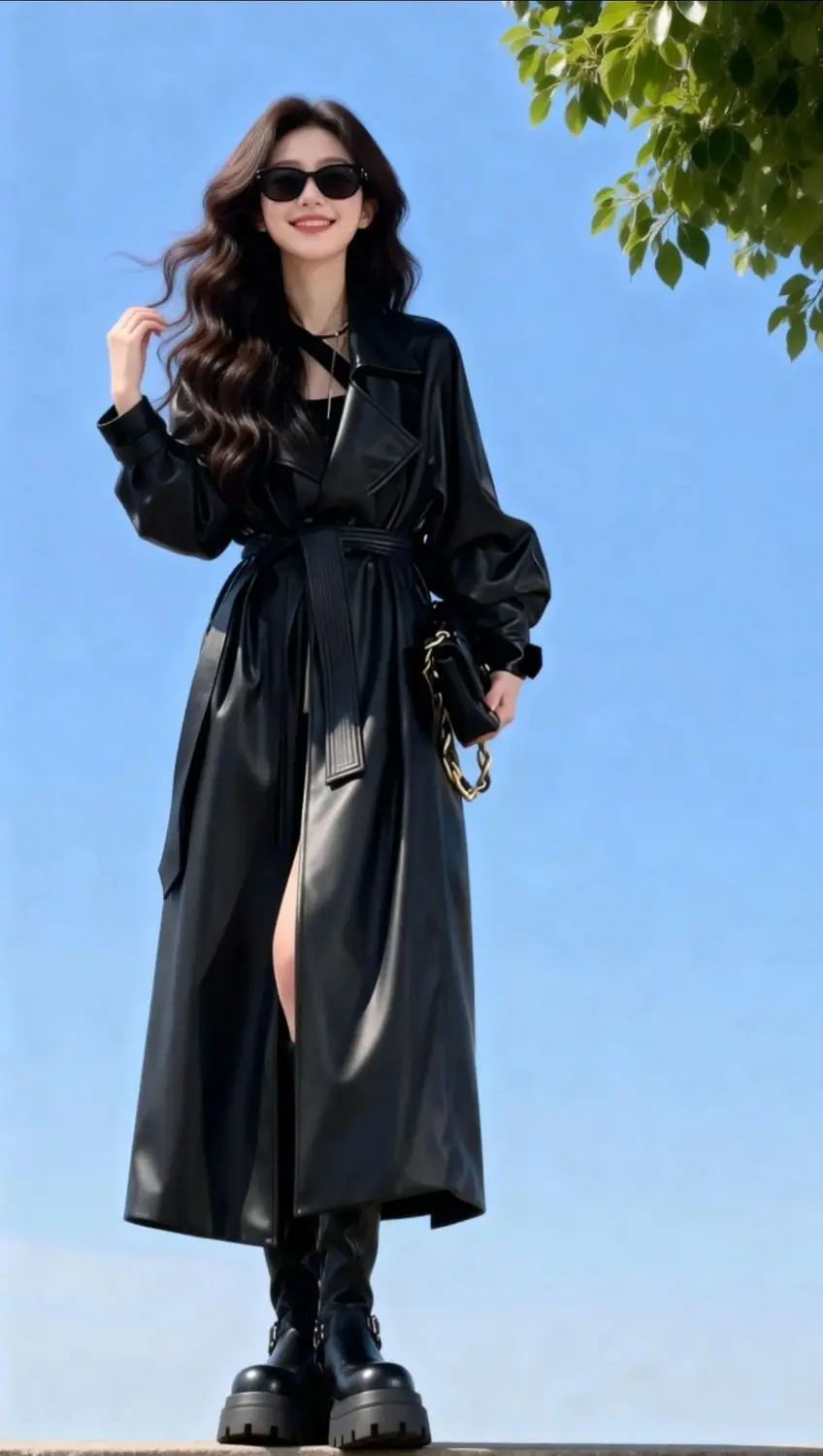 Long Leather Coat Women Double Breasted Belt Lapel Turned Cuffs Sleek Solid Cozy Street Style Casual Fall Winter Trendy
