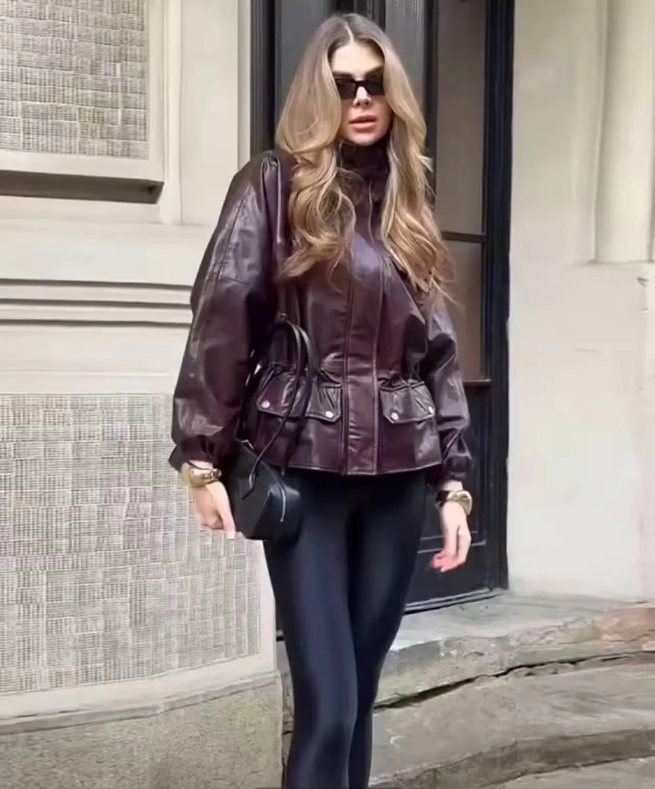 Fashion Stand Collar Pu Leather Red Jacket Long Sleeve Waist Cinching Pocket Coats 2025 Autumn Lady Chic High Street Outerwear