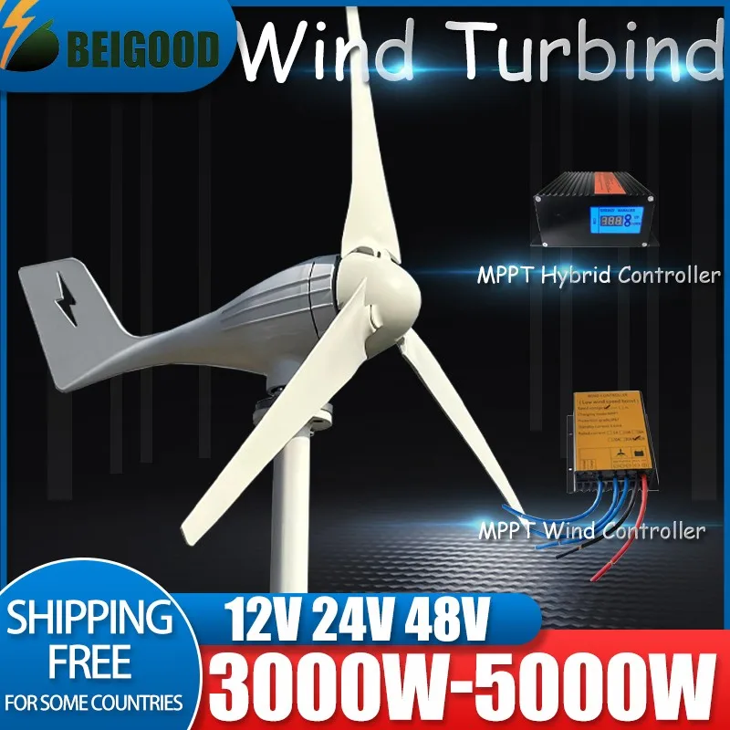 New Arrival 3000W 5000W New Energy Horizontal Wind Turbine Generator Free MPPT Controller 12v 24v 48v Low Noise Small Windmill