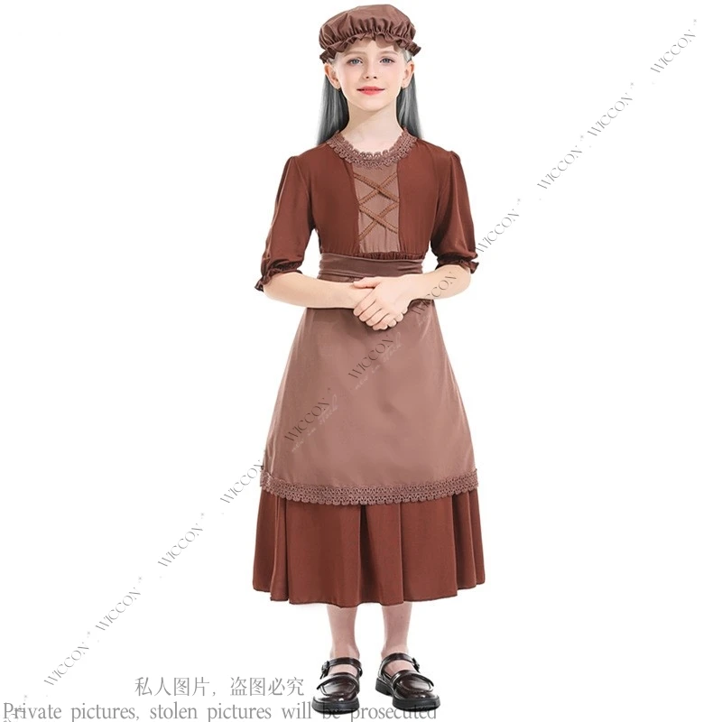 Centenarian Grandma Dark Brown Wolf Grandma Cosplay Maid Costume Lace Child Girl Dress Brown Halloween Party Play Disguise Set