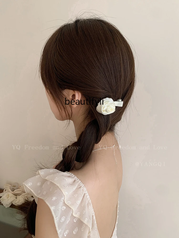 Pink Roses Flower Mesh Side Clip Exquisite and Small Horse Tail Little Clip Hairpin Hair Ornaments