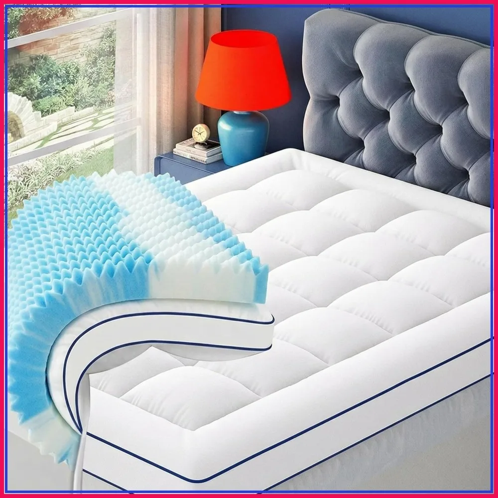 

4 Inch Memory Foam Mattress Topper with Pillow Top, Cooling Gel, Pressure Relief, 2-in-1 Design, Deep Pocket Up to 21 Inch