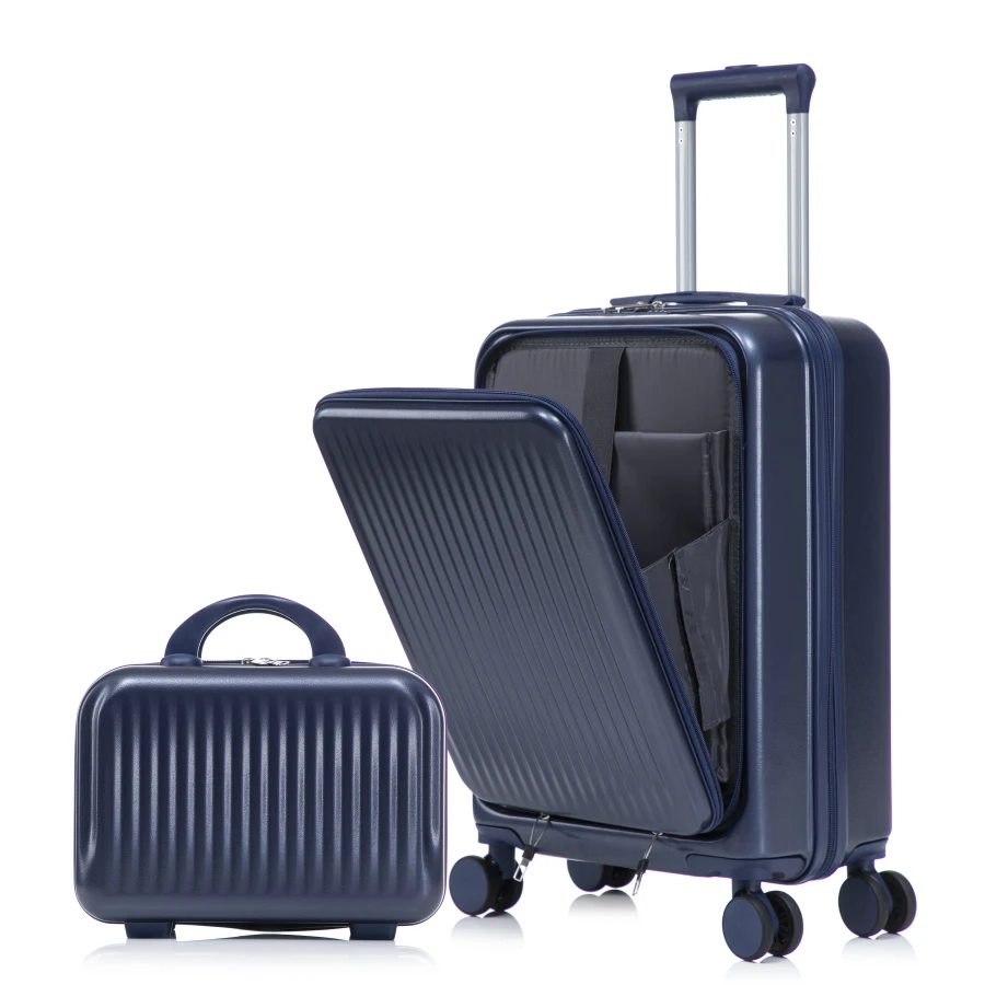 

14/20 2 pcs/set ABS spinner wheel luggage for travel, navy, lightweight and durable with combination lock and front opening des