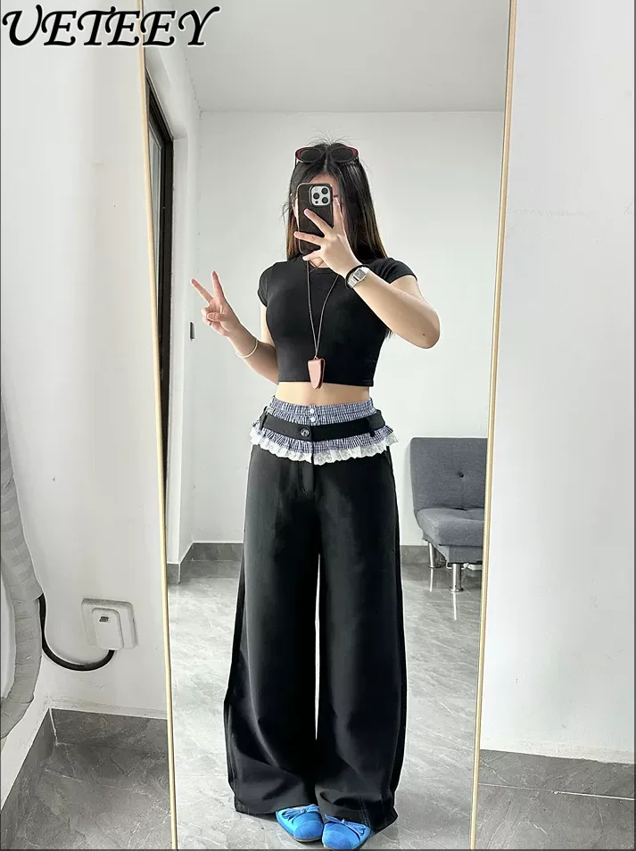 

Black Versatile High Waist Wide Leg Suit Pants Women's Summer Loose and Skinny Splicing Lace Straight Pant Casual Trousers