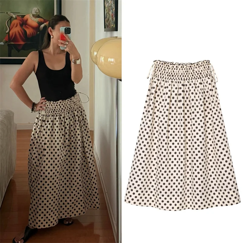 

2025 Women's New Skirt Summer Polka Dot A Hem Waist Skirt Midi Skirt Casual Fashion Simple and Versatile