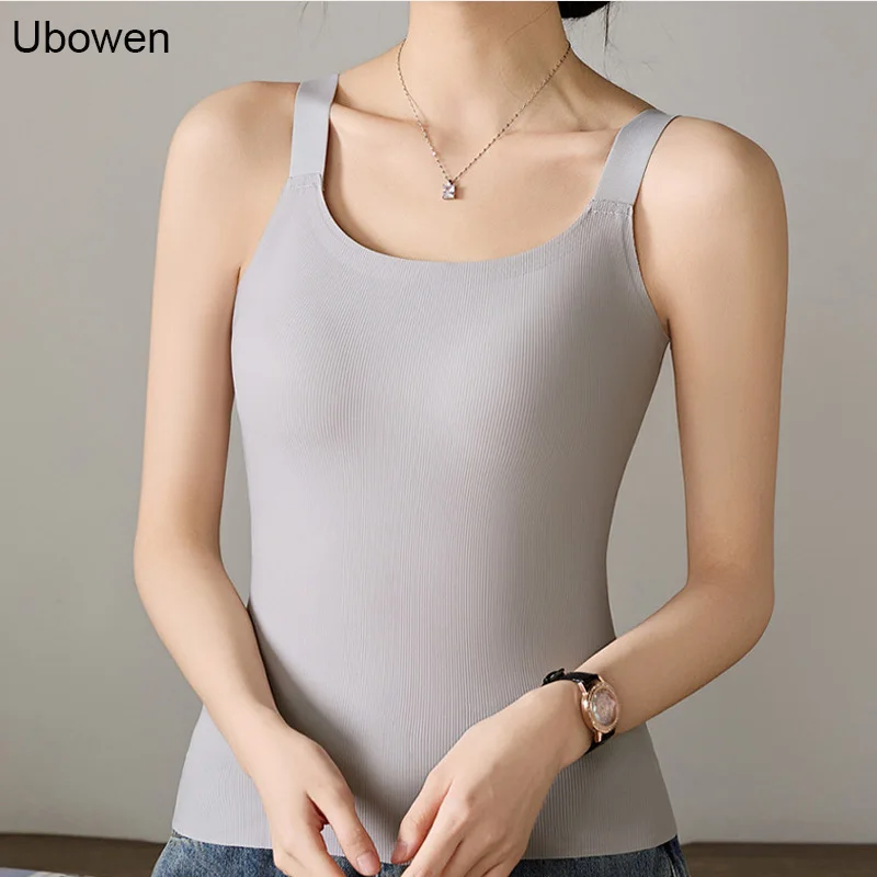 قميص قصير بدون أكمام ذو ملمس رائع حريري ثلجي مع حمالة صدر مدمجة للنساء لباس خارجي داخلي من الخلف قطع علوية بدون خياطة