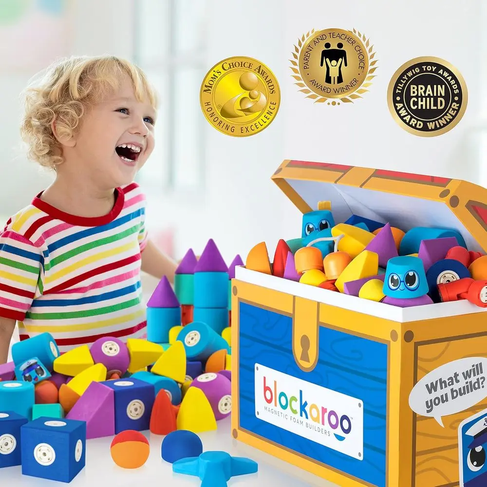 100-Piece Magnetic Foam Blocks Set with Storage, Toddler Bath & Sensory Toys, Ages 3-5