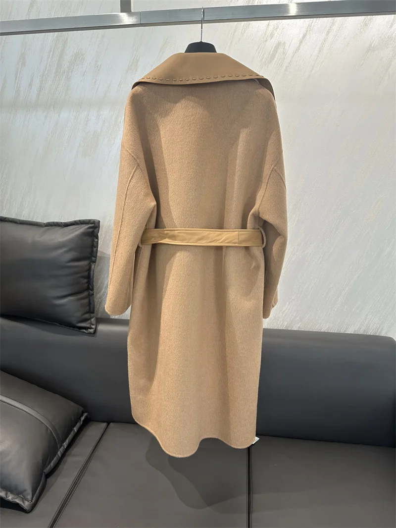 High-end Double-sided Water Ripple 100% Cashmere Coat for Women Lapel Neck Long Bathrobe Style Autumn Winter Outerwear