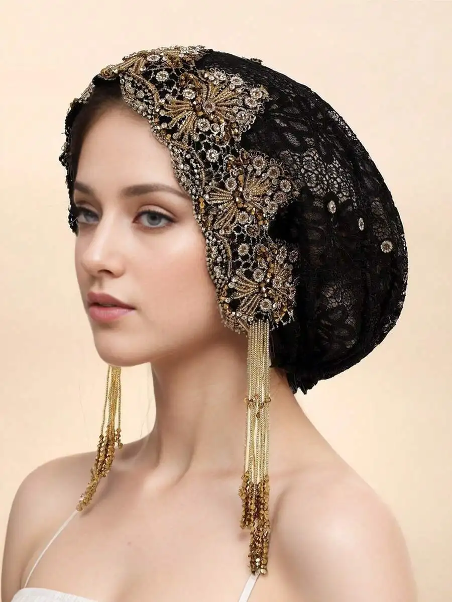 

Elegant Black Lace Beaded Head Wrap For Women Daily Party Gathering