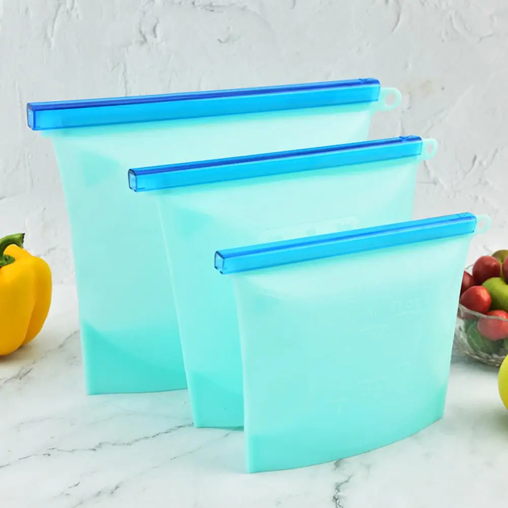 500/1000/1500ML Food Storage Bag Reusable Good Sealing Food Preservation Silicone Fruit Meat Fresh-keeping Bag with Scale