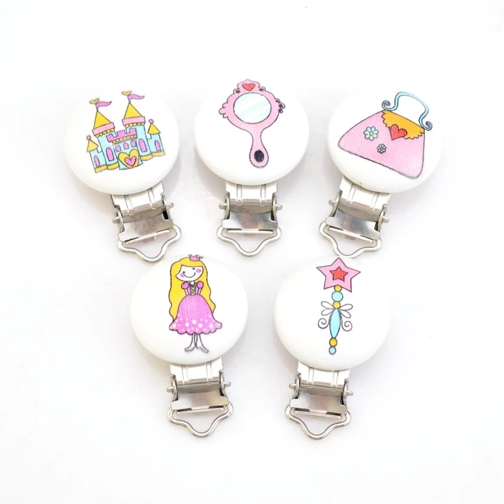 5PCs Wood Baby Pacifier Clips Cartoon castle princess dress Metal Holders Cute Infant Soother Clasps Funny Accessories 4.8*2.9cm