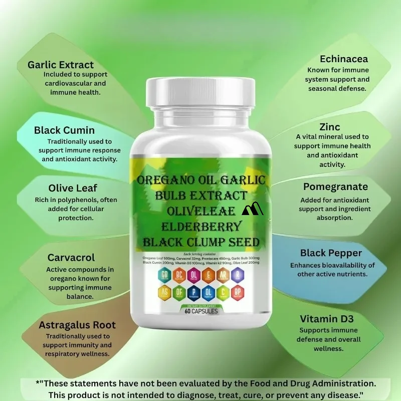 Niuzhi Oil, Garlic, Olive Leaves, Black Seed Oil Containing Vitamin D3 and Zinc - Immune Digestive Health Supplements Capsules