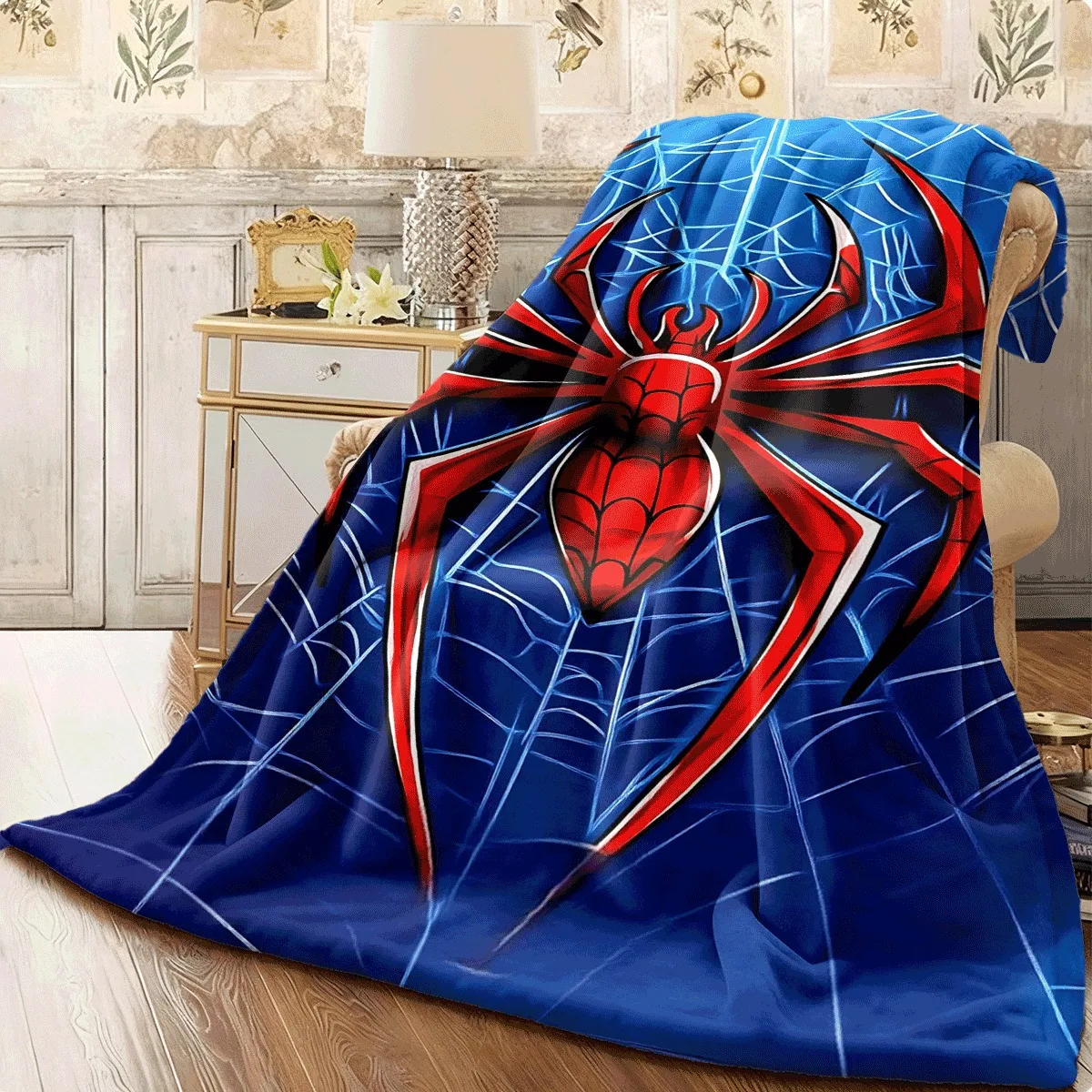 1pc Soft Flannel Blanket, Blue Spider Web Background with Red Spider Print, Stylish and Comfortable Sofa Throw, Fan Gift, Ultra-