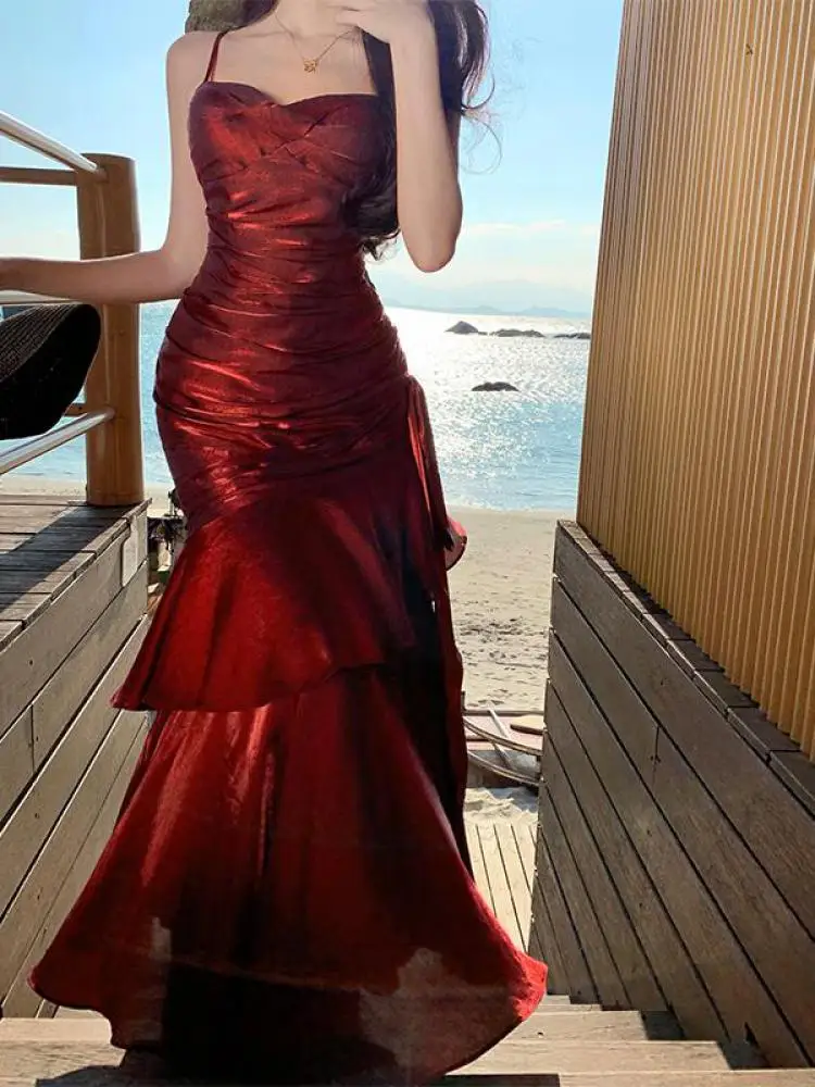 

Women's Red Sexy Backless Ruffle Edge Pleated Slip Long Dress Summer Blue Sleeveless Slim Elegant Birthday Party Evening Dress