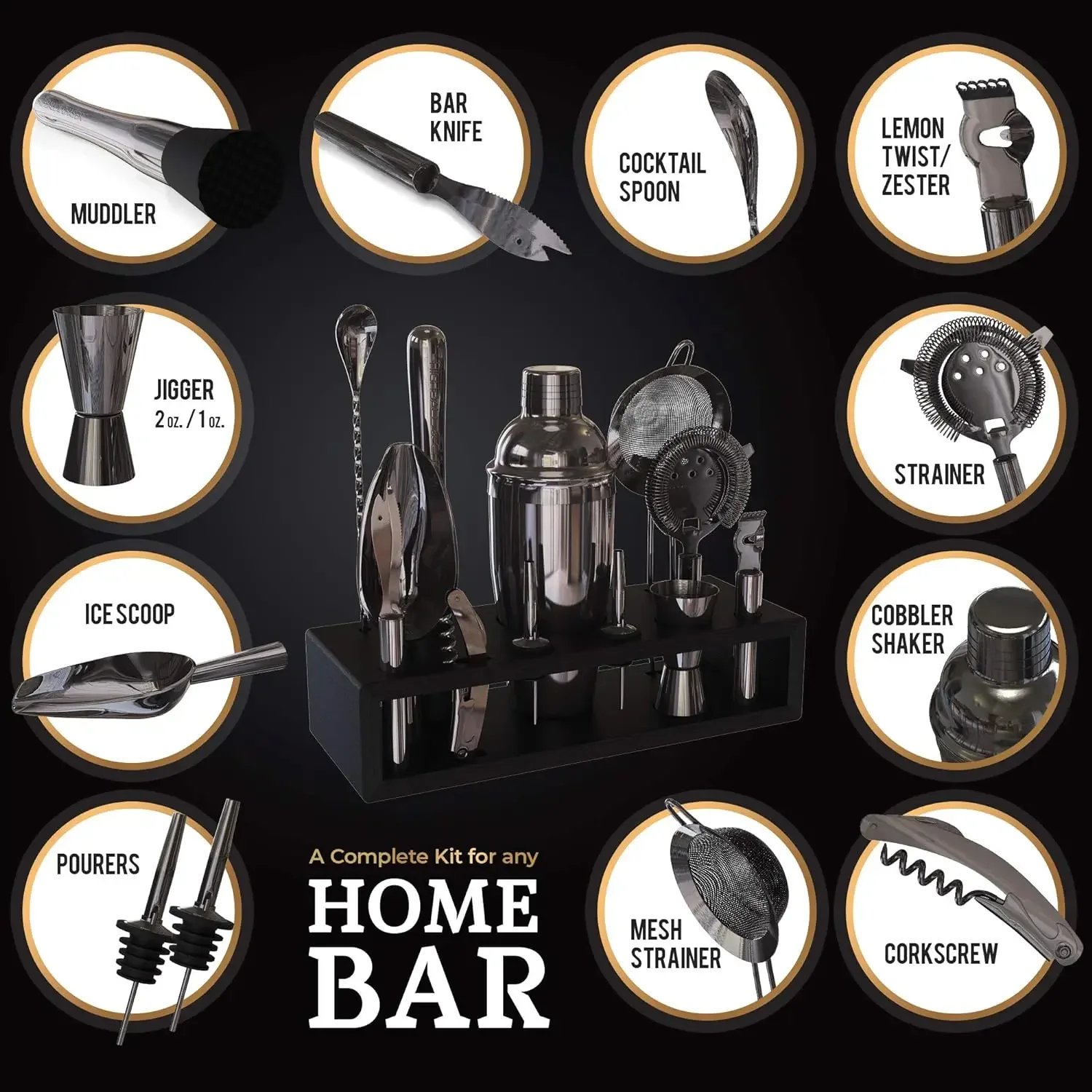 Highball & Chaser 13-Piece Cobbler Cocktail Shaker Set: Black Polished Stainless Steel Bartender Kit for Home Bar Set | Laser