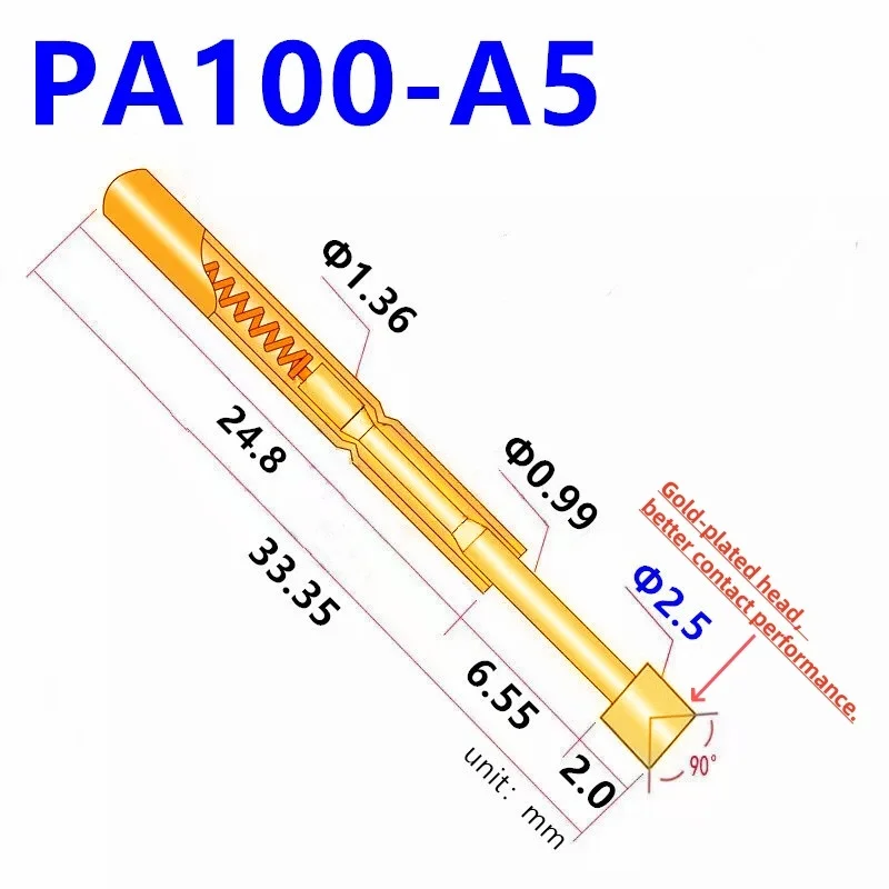 20/100PCS PA100-A5 Spring Test Probe PA100-A Test Pin Test Tool 33.35mm Dia1.36mm Gold Needle Tip 2.5mm Pogo Pin P100-A P100-A5