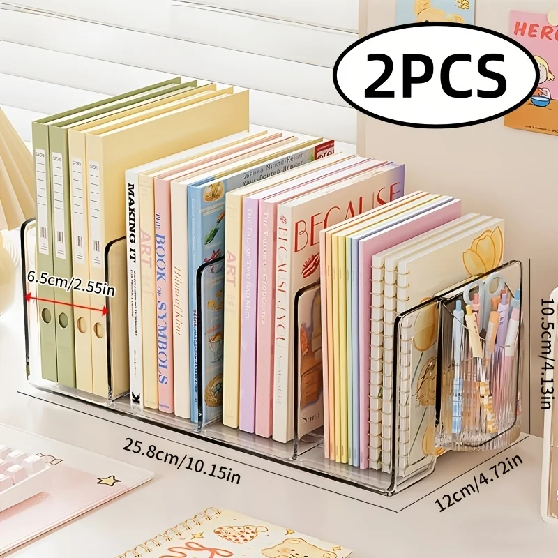 2-Pack Clear Acrylic Desk Organizer, 4 Compartment Bookends Pen Holder, Student Dorm Office Stationery Paper Storage Rack