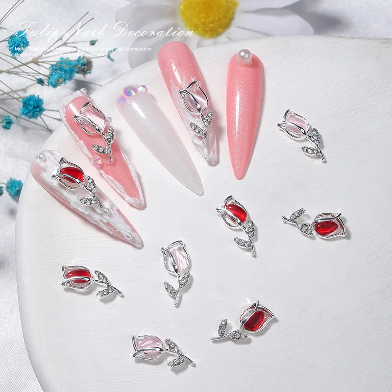 10PCS 3D Luxury Alloy Tulip Nail Art Rhinestone Flower Charm Parts For DIY Nails Decoration Manicure Decor Material Supplies 4