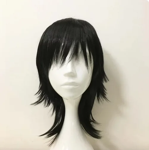 Emo Pruik Unisex Zwart Mullet Stijl Pruik Gelaagde Pony Pruik Middellange Rechte Cosplay Anime Pruik