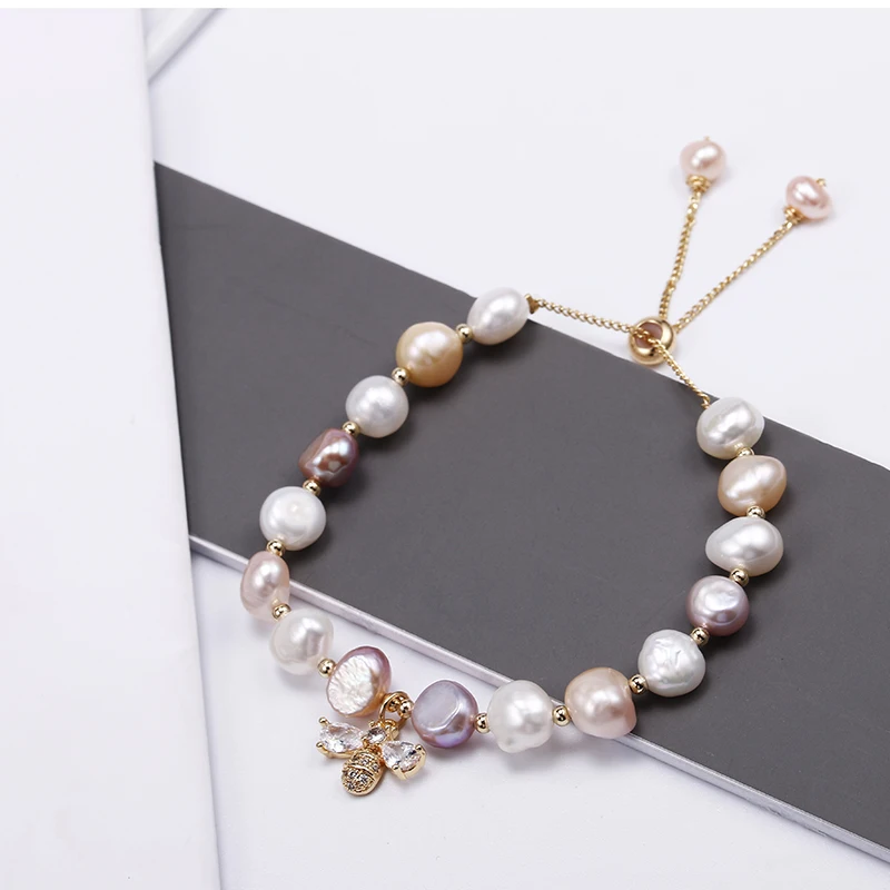 

High Quality Sweet Honeybee Shiny Crystal Mixed Color Natural Freshwater Pearl 14K Gold Filled Female Charm Bracelet Jewelry