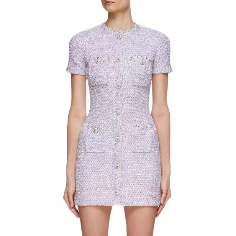 

Women Purple Sequin dress Slim Fit Single breasted Short Sleeve Knitted Dress