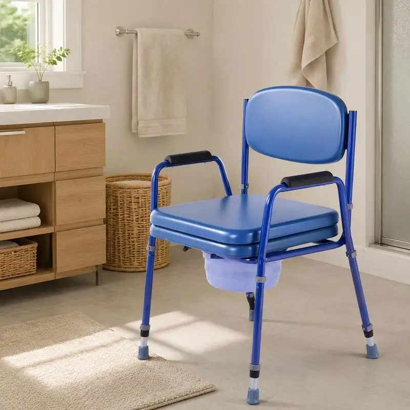 Chaise de toilette nocturne, capacité de charge de 181 kg, rehausseur de siège de toilette avec siège et dossier rembourrés, seau amovible de 5 L, chaise de toilette réglable en hauteur (815-915 mm) pour adultes