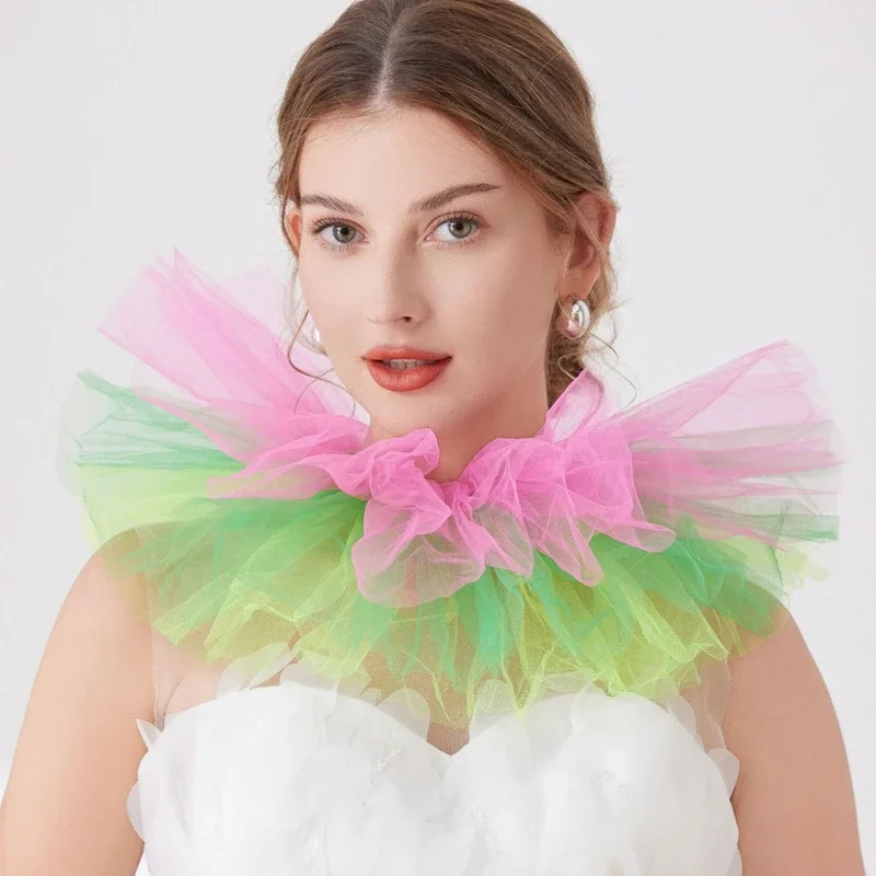 Exaggerated Colorful Scarf Detachable Mesh Fake Collar Layered Ruffle Sheer Clown Neck Collar Performance Accessories