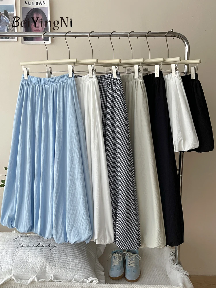 Beiyingni Japanese Style Women's Long Midi Bud Tutu Skirts Plaid Vintage High Street Summer Boho A-line Skirt Female White Jupes