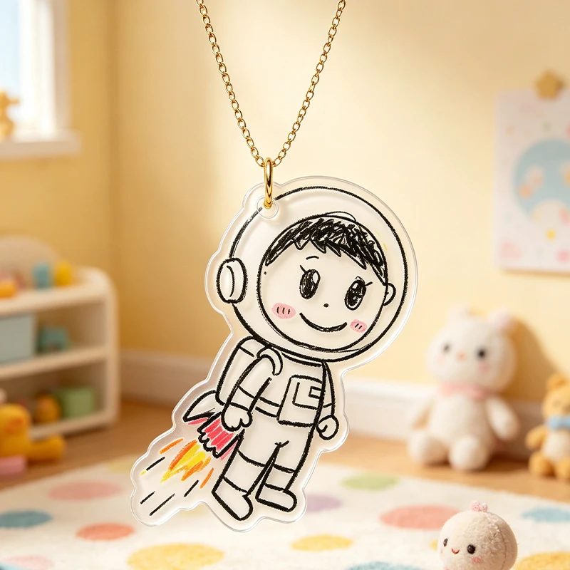 Kids Hand Drawing Custom Acrylic Necklace Personalized Artwork Picture Collar Colorful Children Art Pendant Unique Keepsake