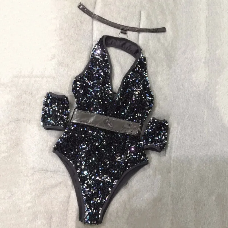 

Nightclub Bar Women Singer Dancer Team Stage Performance Clothes Shiny Sequins Backless Halter Bodysuit Leotard Dance Costume