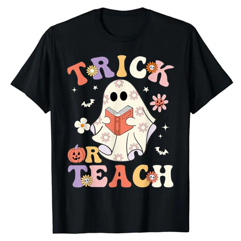 

Groovy Teacher Halloween Trick or Teach Retro Floral Ghost T-Shirt Gifts Humor Funny Graphic Tees Novelty Spooktacular Costume