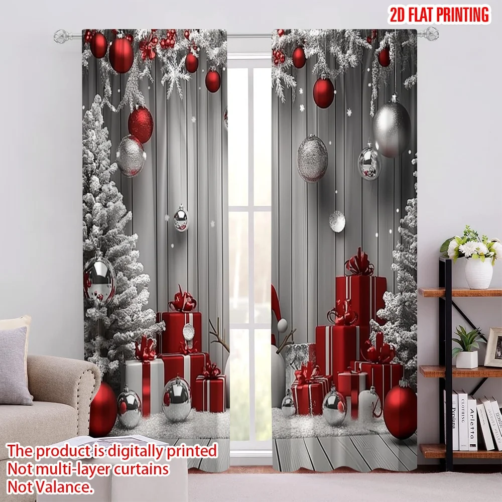 

2pcs 2D flat printing Merry Christmas Curtains Winter wooden snowman Versatile 100% Polyester Without Electricity Spring Party &