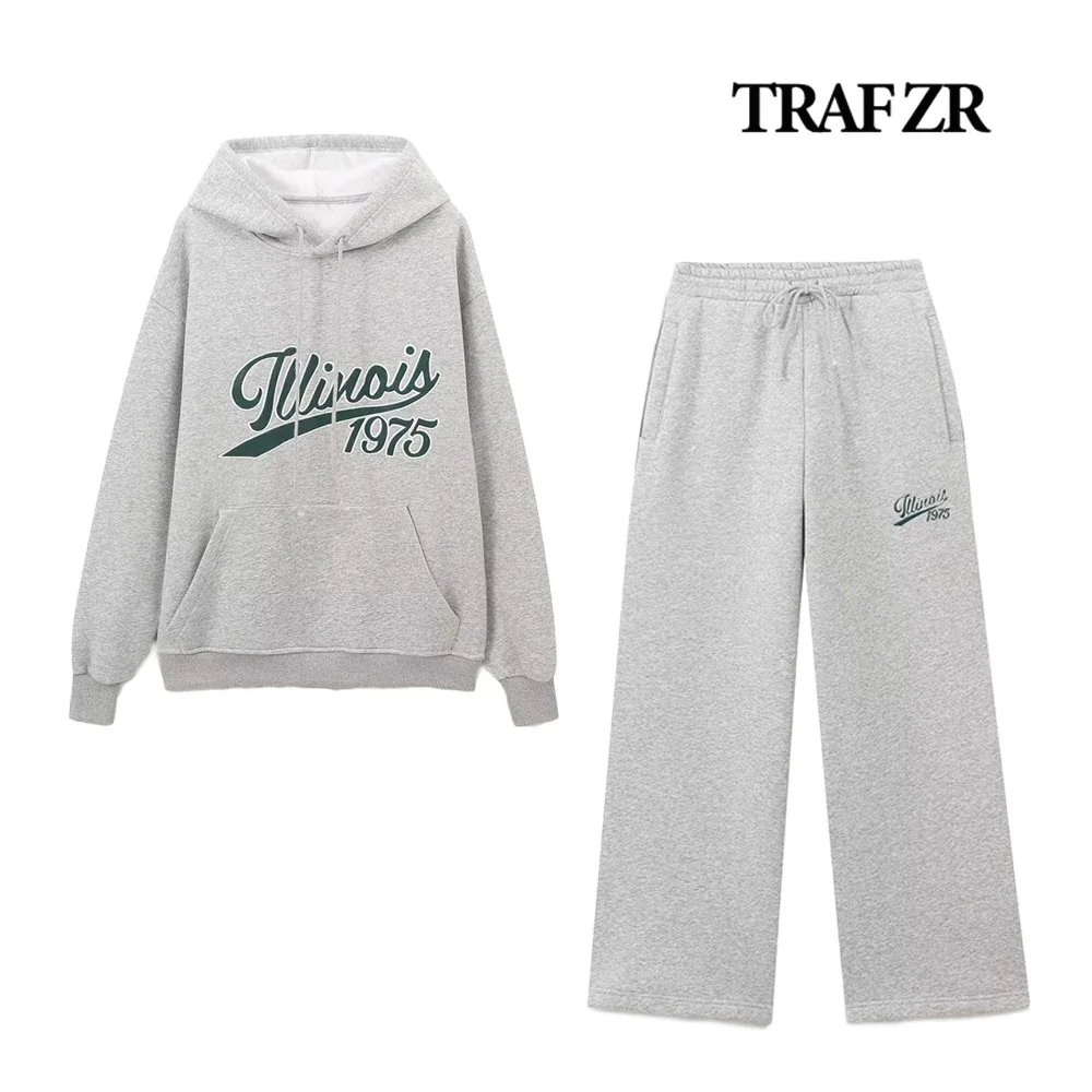 TRAF ZR Contrasting Text Printted Training Set 2024 New Trousers Suits Varsity Hoodie Sweatshirt Sets Mid Waist Plush Pants