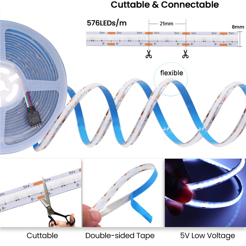5V USB RGB pasek COB LED światła Bluetooth kontrola aplikacji synchronizacji muzyki 576LEDs/m wysokiej gęstości elastyczne wstążki taśma RGB