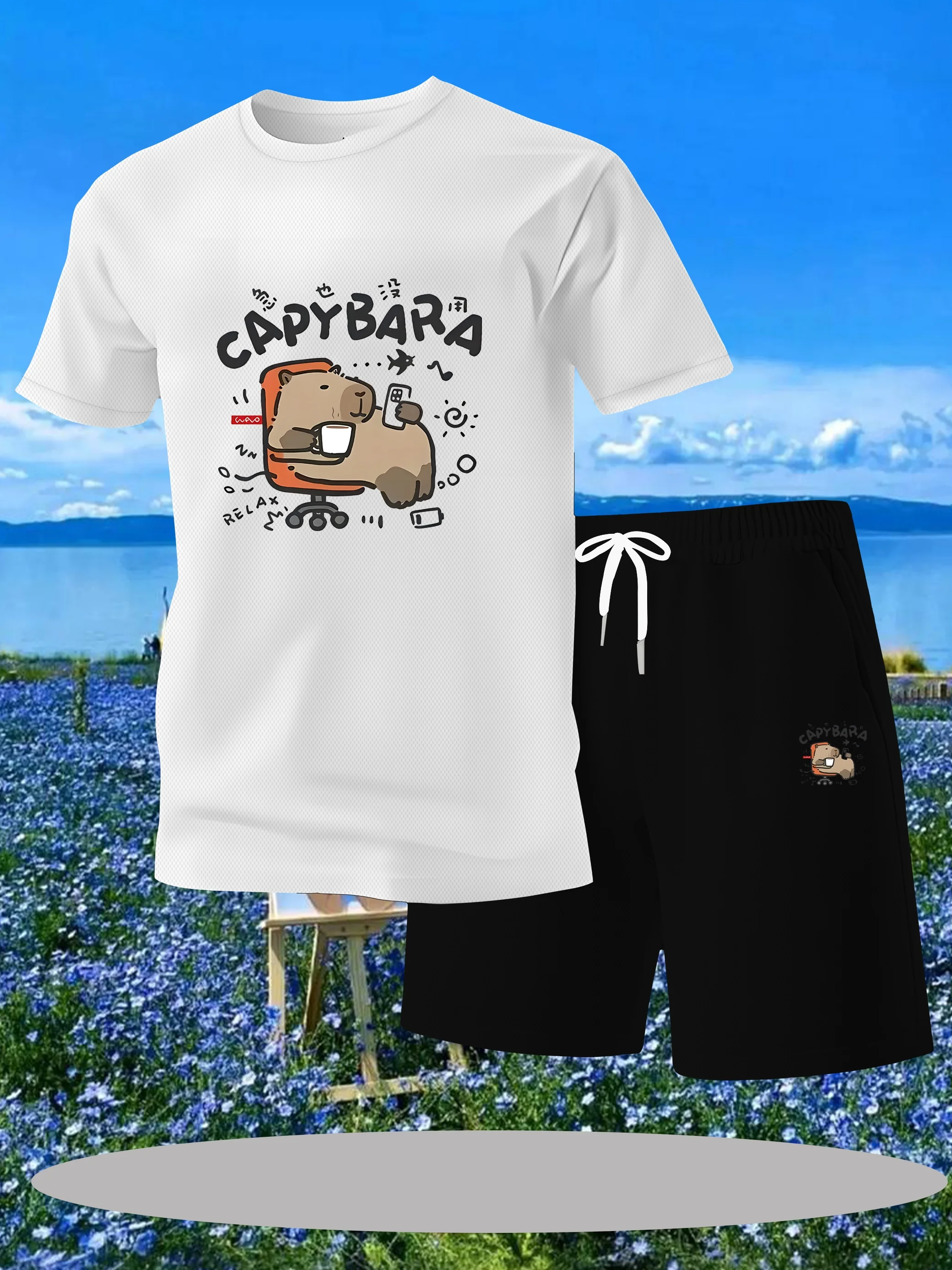 

Personalized fashion clothing set, men's short sleeved T-shirt, and summer outdoor fashion shorts set