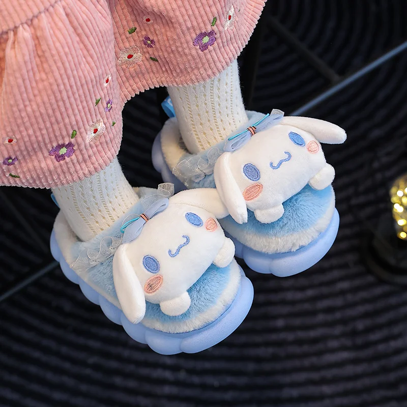 Sanrio Parent-child Cotton Slippers Pochacco Kurome Cinnamoroll Autumn and Winter Home Warm Fur Shoes Winter Baby Fur Slipper